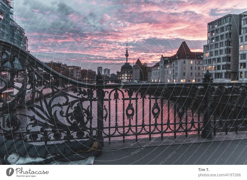 View from the Weidendammer Brücke towards the Fernsehturm. On the lower left is a sleeping bag of a homeless person. Berlin Spree Middle Weidendammer Bridge