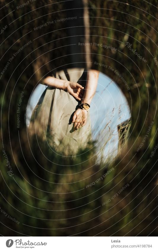 Gentle hands of the girl. Mirror grass Sky hay Nature Field mirror in the field Summer paints part of the body Fingers Skin villi