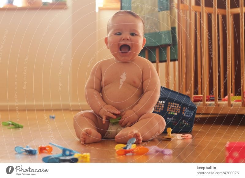 happy baby Baby Boy (child) Laughter cheerful Joy Happiness Infancy Toddler diaper Playing Sit fat baby Cute