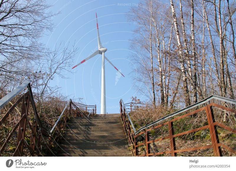 Ascent - stairs on the hiking trail to the viewpoint with windmill at the Piesberg Stairs ascent height Pinwheel Wind energy plant Energy Energy generation