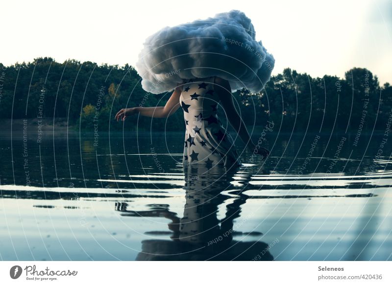 Head in the cloud Summer Waves Human being Feminine Woman Adults Arm Hand 1 Environment Nature Cloudless sky Clouds Plant Coast Lake Clothing Dress