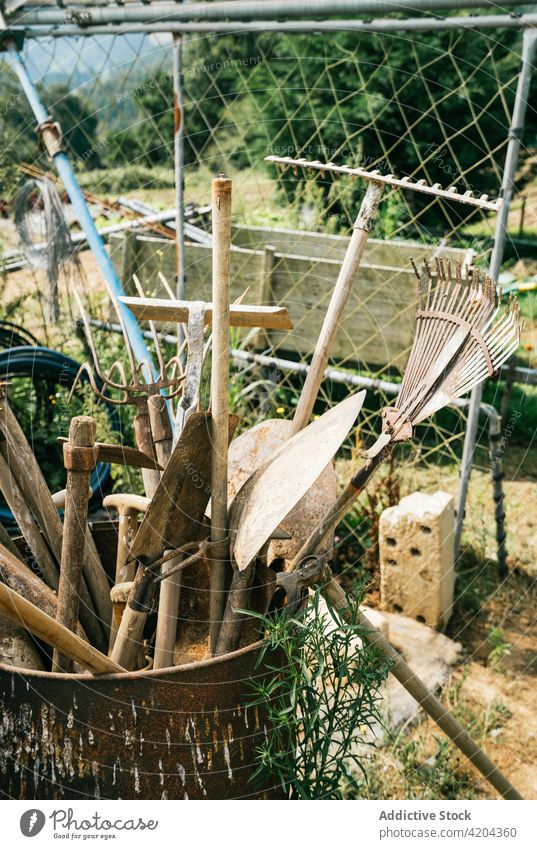 Collection of gardening tools against grid fence in countryside farm agricultural horticultural manual professional equipment collection natural summer assorted