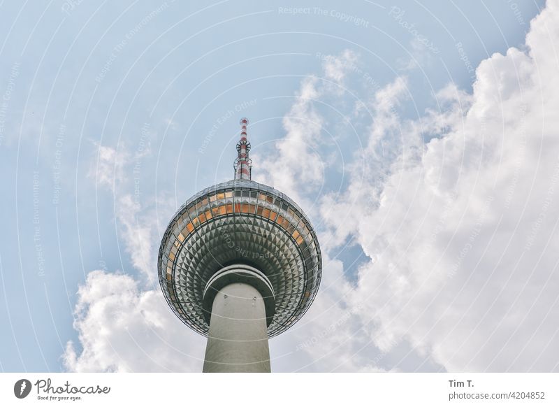 The Berlin TV Tower from below Television tower Middle Upward Downtown Berlin Landmark Tourist Attraction Capital city Architecture Sky Town Alexanderplatz