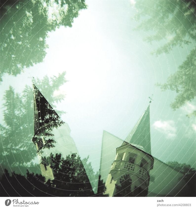 aversion Analog Holga Scan Lomography Slide Double exposure cross Cross processing Church Church spire Tree Sky slanting