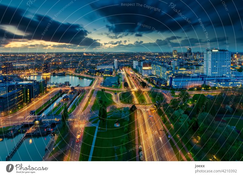 Illuminated city from above at twilight, long time exposure Bird's-eye view Street Horizon Sky Transport Traffic infrastructure Exterior shot Blue Lighting