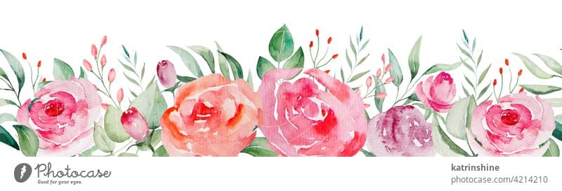 Watercolor pink and red roses flowers and leaves seamless border illustration watercolor buds blush pattern Drawing green Botanical Leaf Hand drawn Ornament