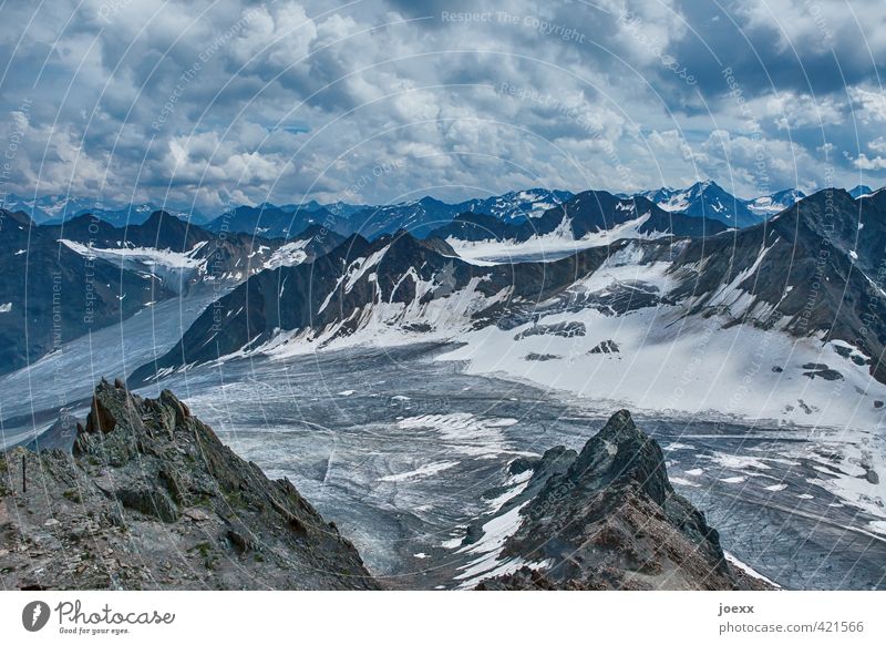 retreat Far-off places Mountain Nature Landscape Sky Clouds Horizon Climate change Beautiful weather Alps Snowcapped peak Gigantic Large Tall Cold Above Point