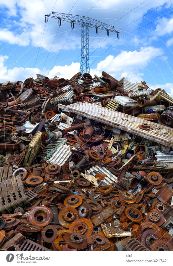scrap Environment Clouds Beautiful weather Metal Rust Old Dirty Broken Brown Red White Orderliness Lack of inhibition Squander Energy Environmental pollution