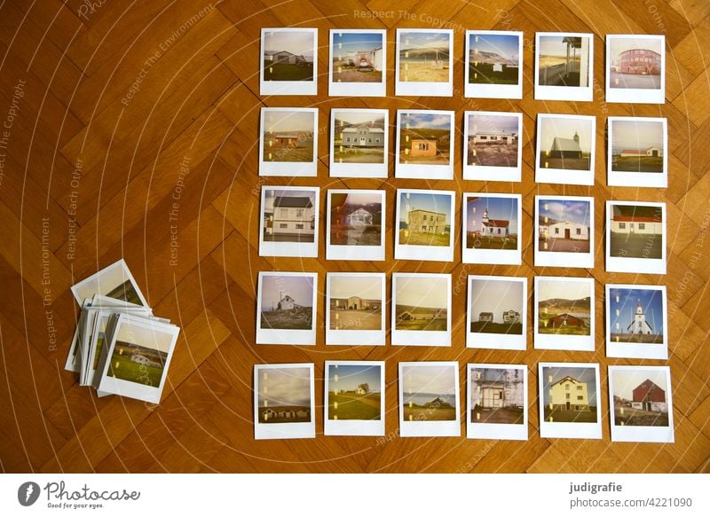 30 Polaroids with Icelandic houses on parquet floor Arrange Collection Landscape Hut Living or residing Building Colour photo Church Parquet floor dwell