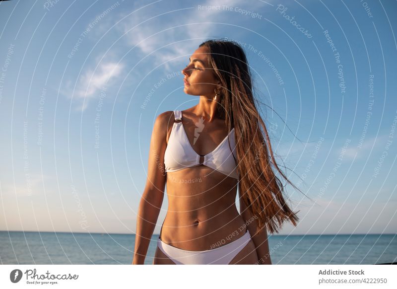 Model in swimsuit on beach against sea - a Royalty Free Stock Photo from  Photocase