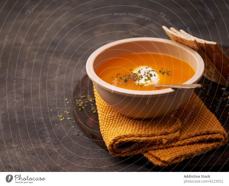 Delicious plates of creamy pumpkin soup seen from above Creamy Pumpkin Soup orange autumn healthy meal food dinner vegetarian vegetable delicious bowl soup