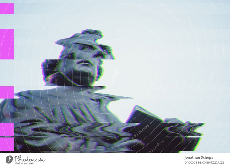 Statue of the reformer Martin Luther in Erfurt with glitch effect Copy Space right Colour photo Revolution Blue sky Bible Speech Reform Protestantism God Change