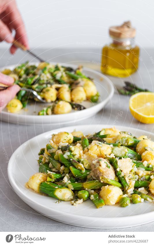 Delicious plate of gnocchi with green asparagus meal italian cuisine dish dinner food fresh healthy pasta potato cooking gourmet mediterranean delicious white