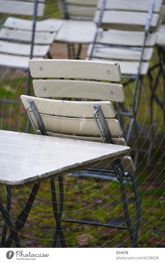 Garden chair in the rain, folded Chair Wet Rain Beer garden beer garden set beer garden furniture Table Garden table chairs out Gastronomy Deserted