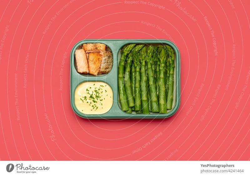Prep meal, lunch box top view isolated on a pink background. above asparagus baked catering color consumerism container cut out delicious delivery diet dinner