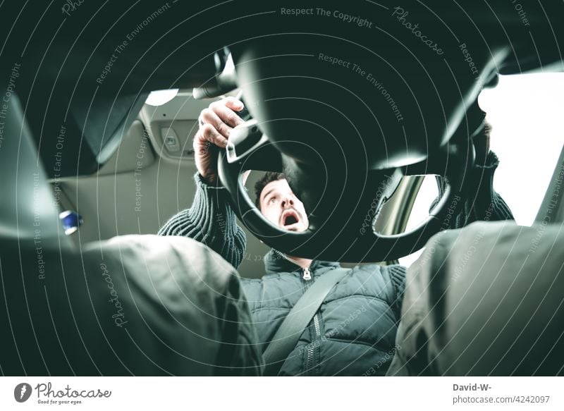 Man gets a scare while driving Motoring Fright Car driver Shock Accident Risk of accident Panic Facial expression Road traffic Fear Threat Traffic accident
