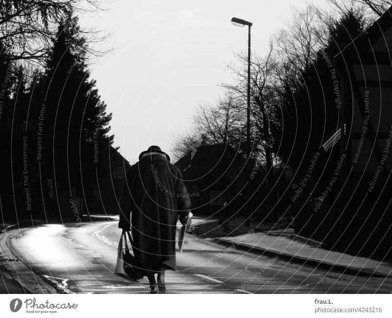 Almost home Photomontage on one's own Human being Degersen Woman Village Hat Going Crooked Montage Lonely Handbag Coat Street Country road houses trees