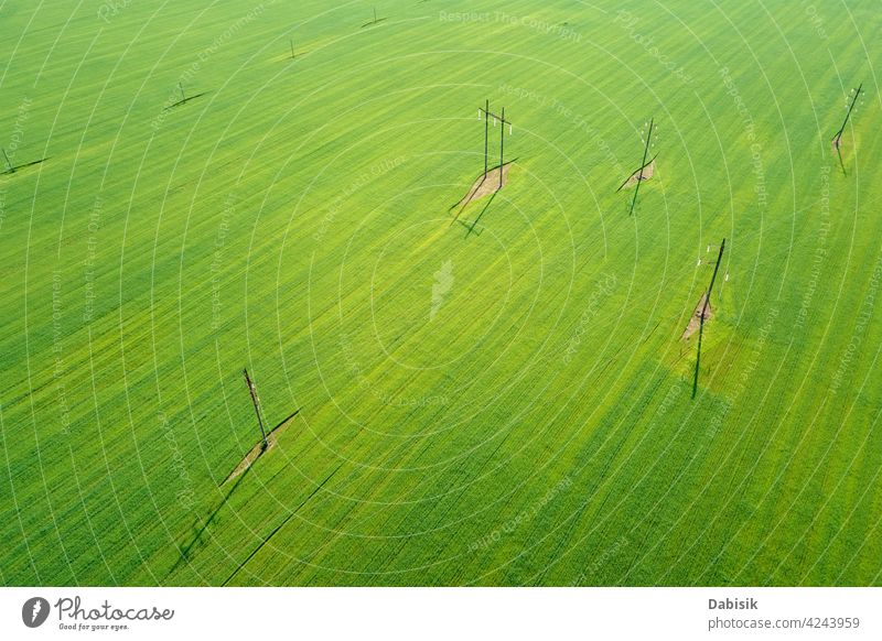 Green field with electric poles, aerial view high-voltage industry green electrical wire tower electricity infrastructure industrial bird eye view drone summer