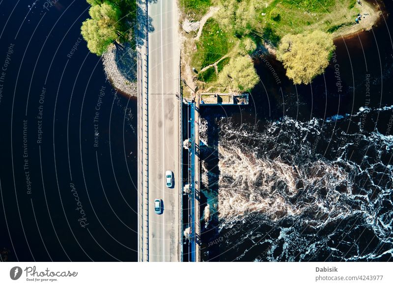 Car moving on bridge in europe small town, aerial view river car traffic outdoor beautiful nature beauty belarus birds eye view ecosystem environment landscape