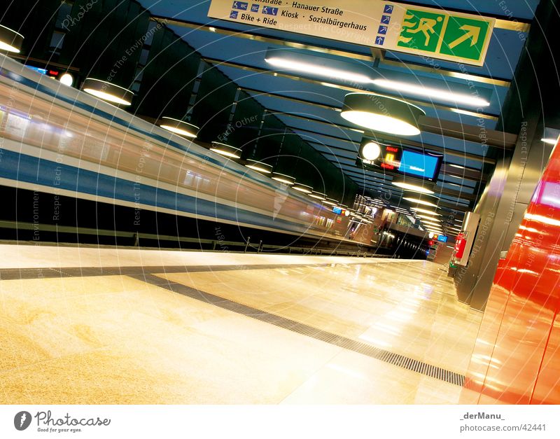 subway missed Underground London Underground Munich Long exposure Light Yellow Speed Station Tunnel Shaft Vanishing point Transport Blue Bright Blur blured