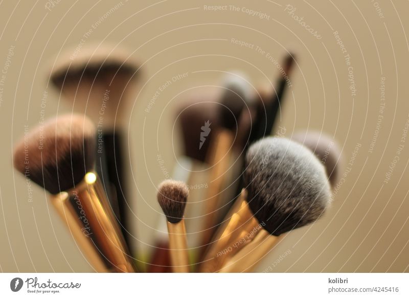 Several makeup brushes in different sizes stand upright in a glass in front of neutral background make-up brush Make-up Paintbrush Cosmetics Neutral background