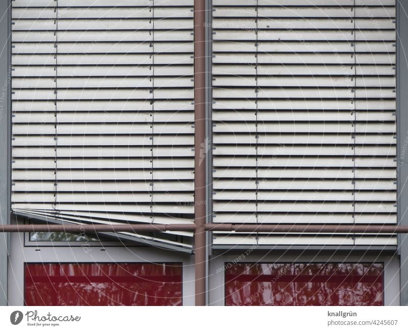 Double glazed window with the external blinds down, one has snagged Venetian blinds Window Screening broken Aluminium Aluminium blind Protection