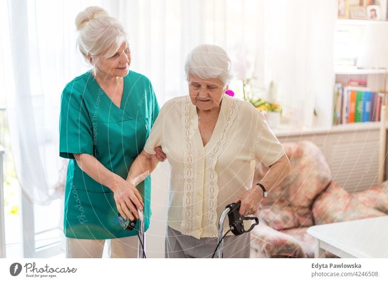 Nursing assistant helping senior woman with walking frame two people working job occupation service confident nurse friendly assistance trust gratitude support
