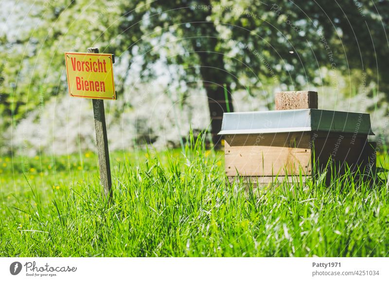 Recommendation | A warning sign in front of a beehive on a green meadow reads "Caution bees". Beehive Warning sign beekeeping Insect Nature Meadow Bee-keeping