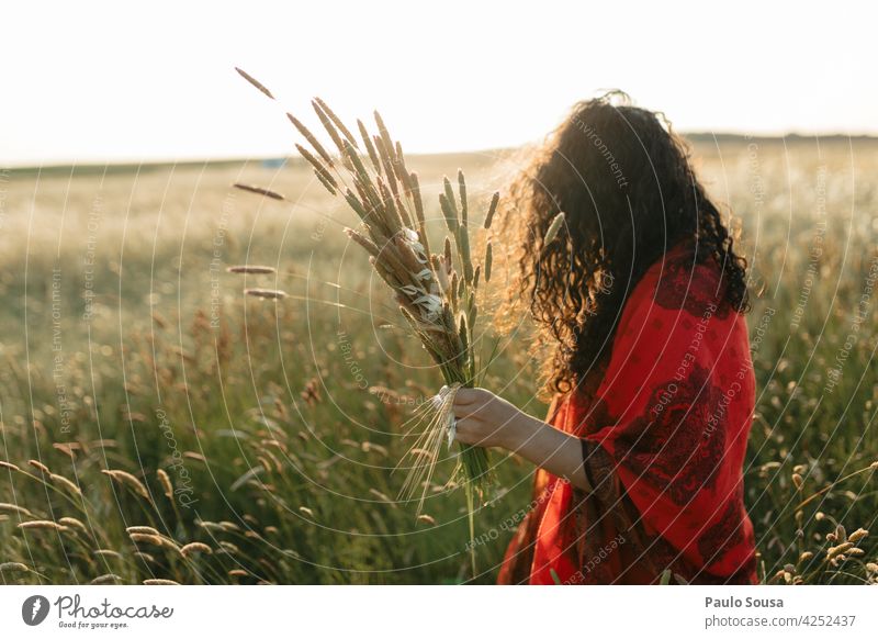 Woman picking flowers Spring 30 - 45 years Caucasian Sunlight Field Meadow Young woman Lifestyle Nature Feminine Adults Human being Colour photo Exterior shot