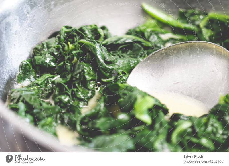 Spinach leaves and cream in a sauté pan with spoon Food Vegetable Fresh Healthy Green Vegetarian diet Nutrition Kitchen Organic produce Healthy Eating Delicious