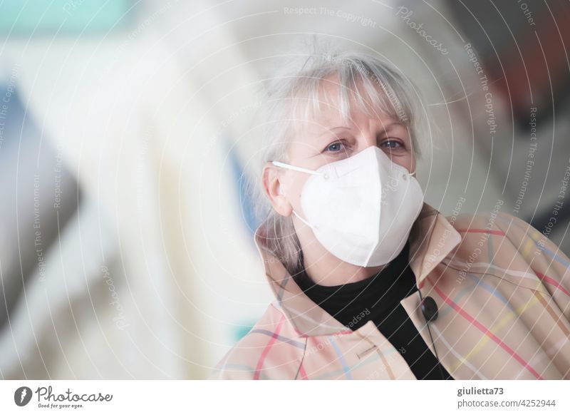 Portrait of a sympathetic, older woman with white hair and FFP2 mask | corona thoughts 1 Human being Adults Senior citizen 45 - 60 years 50-60 years 50+ 60+
