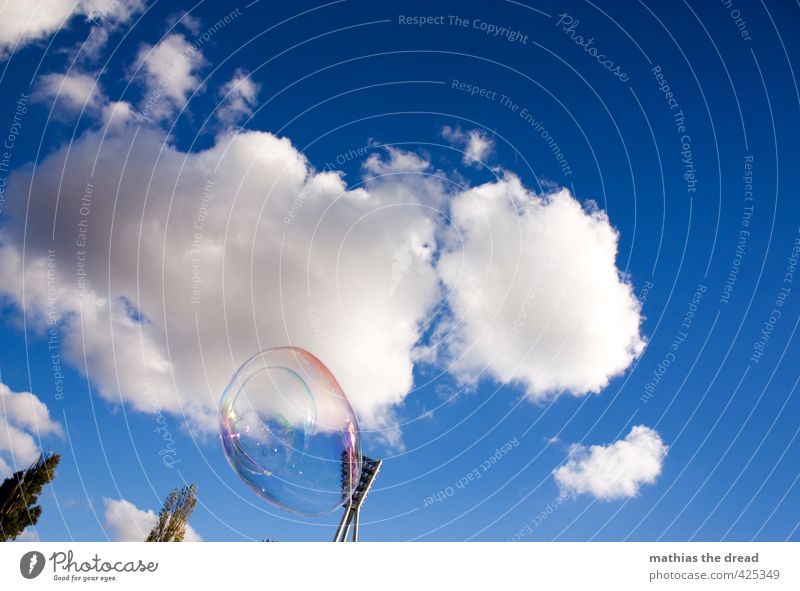 soap bubble II Air Sky Clouds Sun Beautiful weather Tree Flying Hover Soap bubble stadium light Floodlight wall park Infancy Playing Joy Kitsch Colour photo