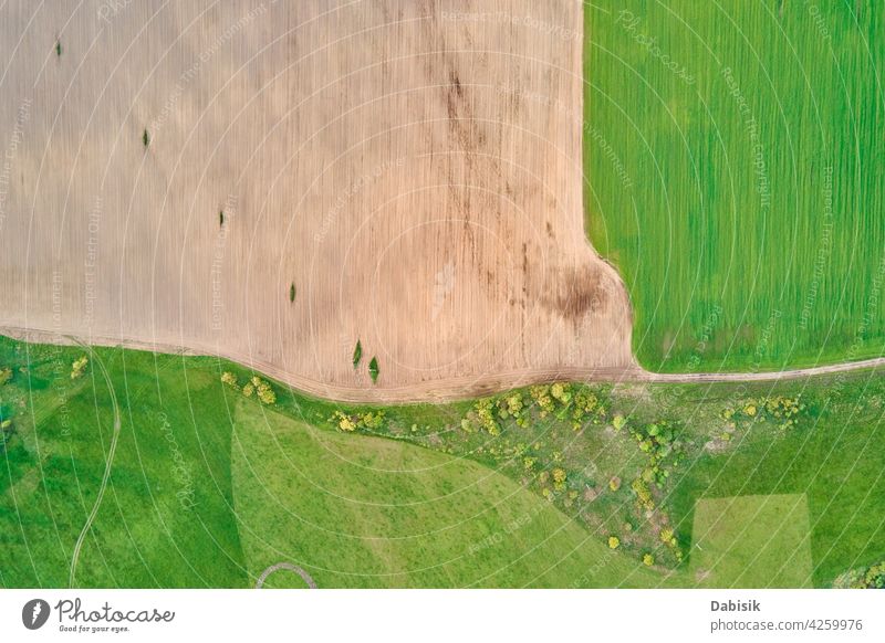 Aerial view of agricultural and green fields in countryside landscape panorama aerial agriculture outdoor nature over summer high fly atmosphere space above