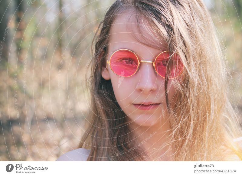 Portrait of 12 year old girl with long hair and pink glasses Girl Young woman Youth (Young adults) Infancy 8 - 13 years 13 - 18 years Child Human being