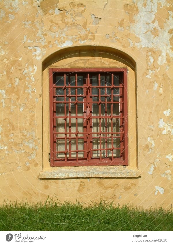 mywindow Window Grating Yellow Red Wall (building) Fortress Captured Square Window board Plaster Decline Broken Grass Green Architecture Historic Glass