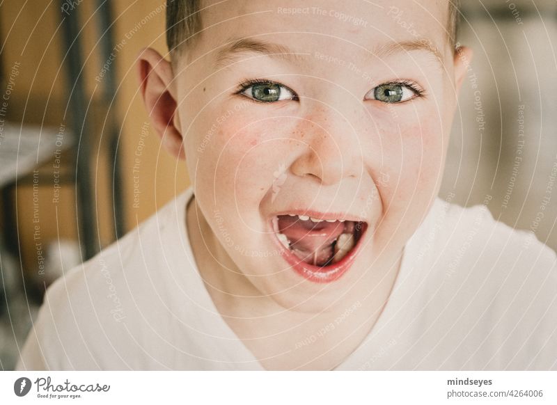 Happy Boy High Key Portrait photograph Boy (child) Human being Child Infancy Joy Happiness Colour photo Face Caucasian young cheerful Mouth open mouth opened