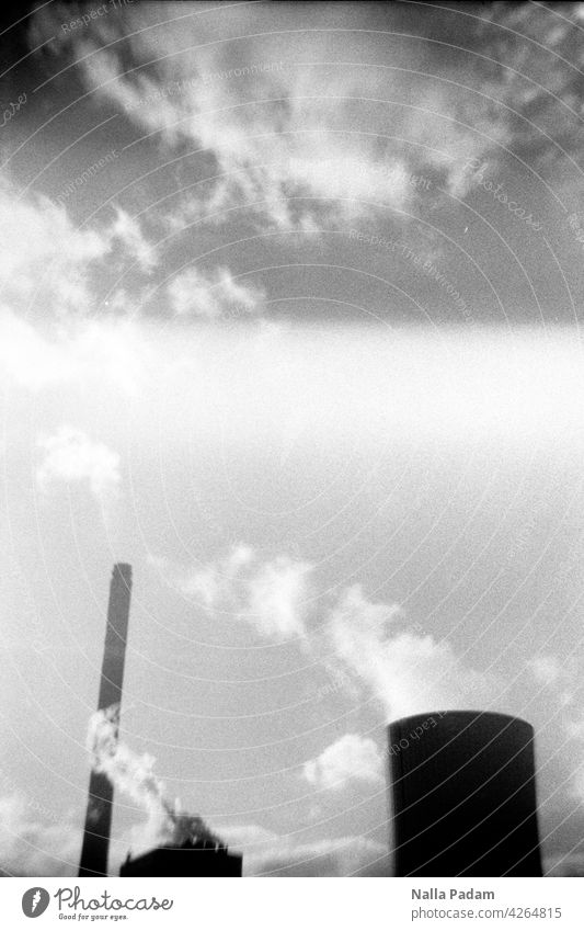 Herne power station Analog Analogue photo B/W black-and-white Black & white photo Chimney cooling tower Sky Clouds Energy Carbon dioxide co2 Emission Climate