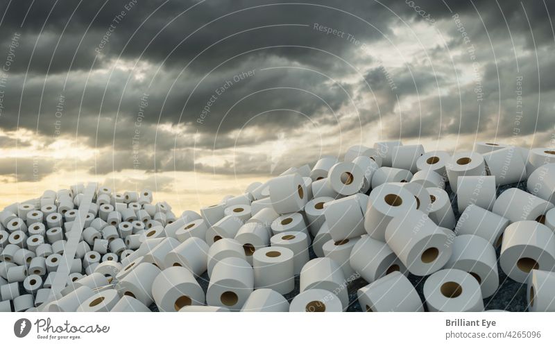 Pile with lots of toilet paper rolls in front of cloudy sky 3D Abstract background Heap concept covid-19 Environment Evening Ground Hill Household hygiene