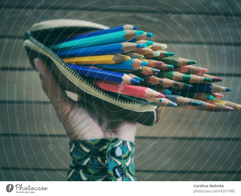 Woman holds an open case in her hand with colored pencils variegated Green Red Multicoloured Yellow Blue Colour colourful Orange Colour photo Deserted motley