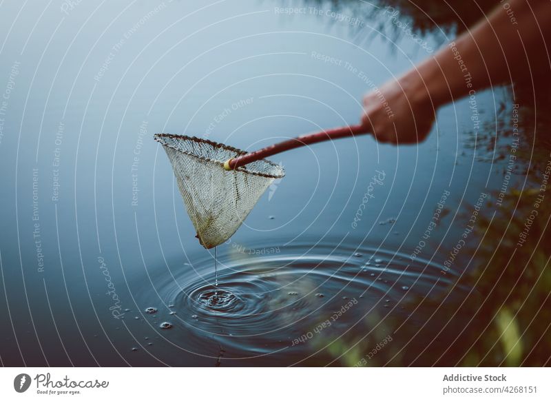 Crop person with scoop net catching fish in river - a Royalty Free