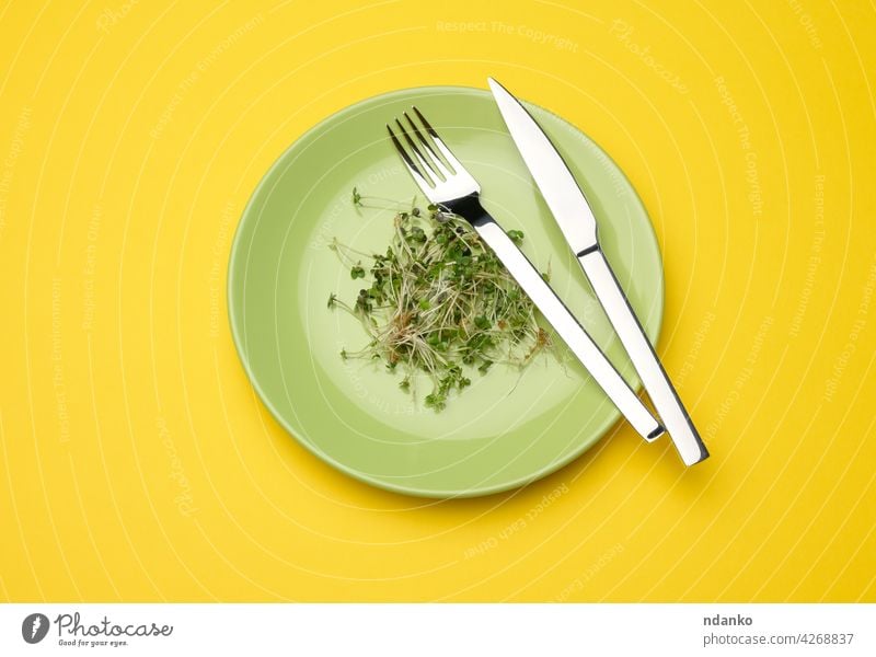 green sprouts of chia, arugula and mustard in a green round plate, top view. A healthy food knife fork agriculture banner bio diet dish eco edible fresh grass