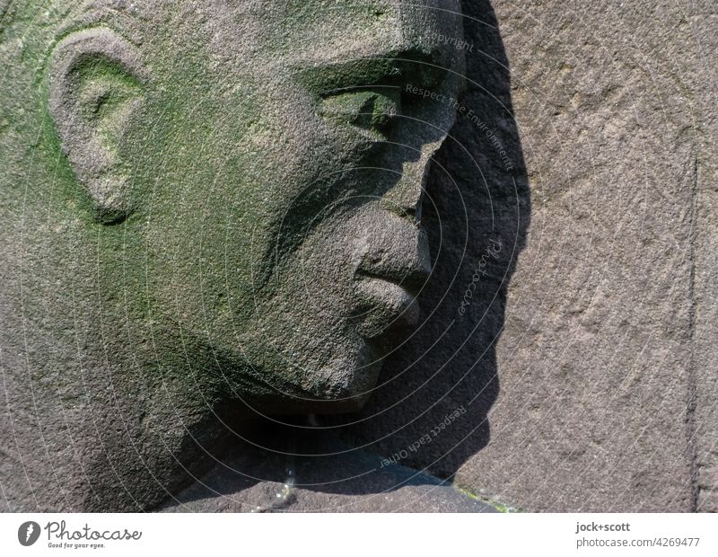Life breaks | with nose cut off Statue Historic Ravages of time Transience Change Broken nose apart Head Detail Weathered Verdigris Human being Man Silhouette