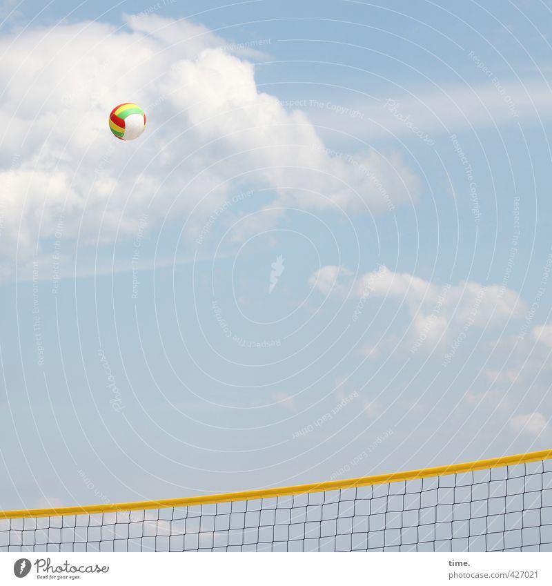 Shot put (soft version) Sports Fitness Sports Training Volleyball (sport) Ball Net Volleyball net Sky Clouds Beautiful weather Flying Vacation & Travel Tall
