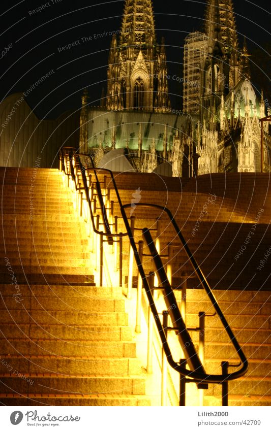 At night at the cathedral Cologne Night Summer House of worship Dome Stairs Lighting Handrail