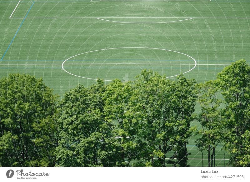 green from above, a deserted football field. In front of it old trees, above all sunshine Green Direct lines Foot ball soccer field Lawn Sporting grounds Bright