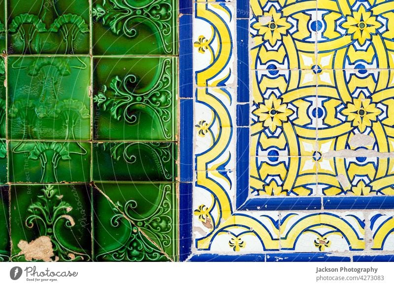 Close up of two types of typical Portuguese tiles, Olhao, Algarve portugal azulejo pattern detail decorative algarve architecture azulejos close up building