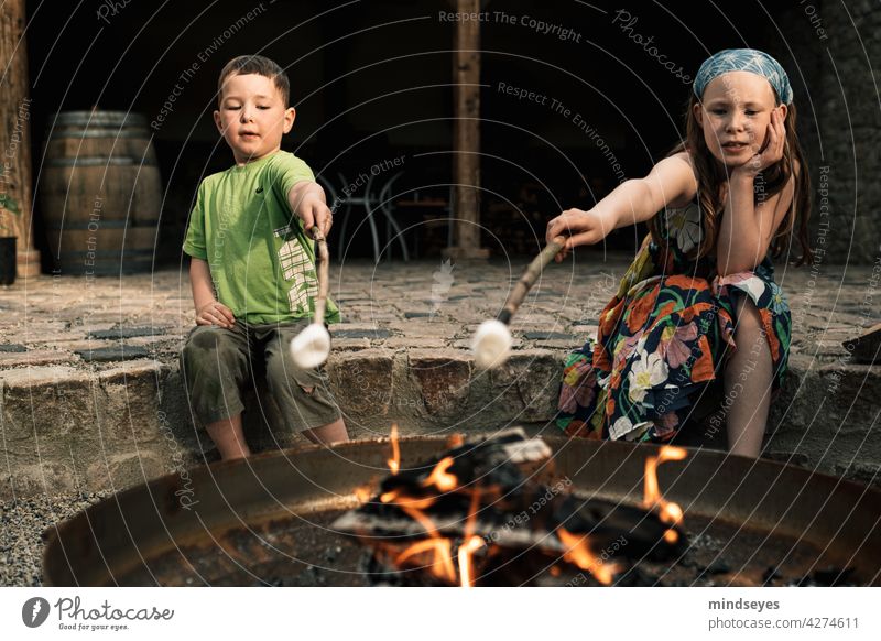 Two kids grilling marshmallows old barn Fireplace Lagergeuer BBQ toast Infancy Lifestyle Tension Playing nibble Candy sweets Joy fun relaxation Colour photo