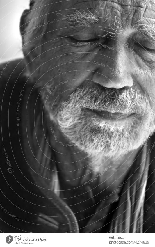 Finding inner peace Man Senior citizen Face portrait White-haired Facial hair bearded Beard find peace meditate tranquillity tired Fatigue Pain Memory believe