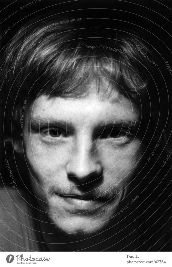 view Man Blonde Freckles Facial hair Moustache portrait Intensive Human being 1976 Stubble Eyes Laughter Face Black & white photo