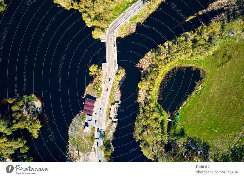 Car moving on bridge in europe small town, aerial view river car traffic outdoor beautiful nature beauty belarus birds eye view ecosystem environment landscape